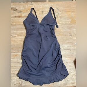Athleta Shirrendipity one piece halter swim bathing suit dress sz S blue grey